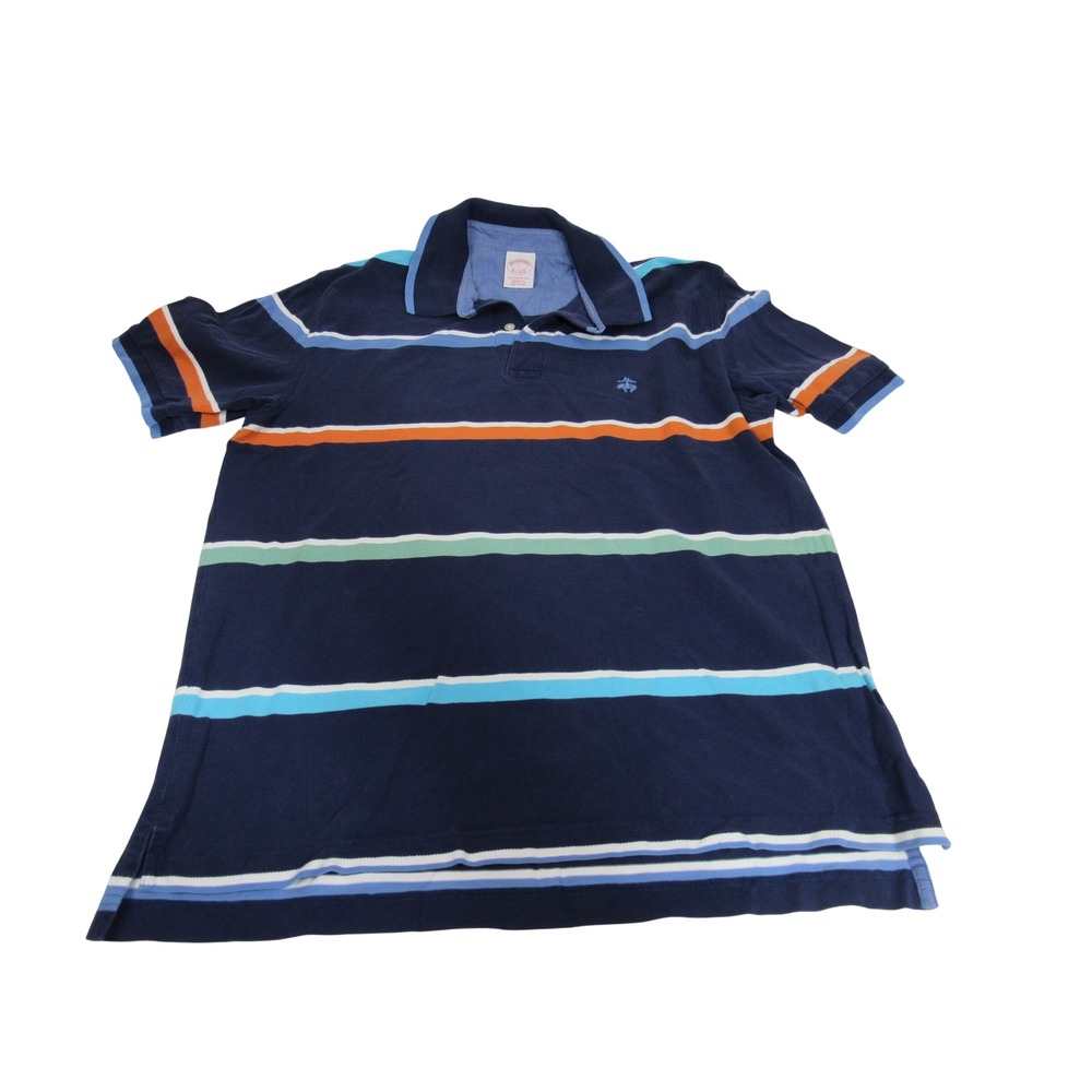 Brooks Brothers Mens Performance Polo Shirt L Navy Blue Orange Striped Cotton